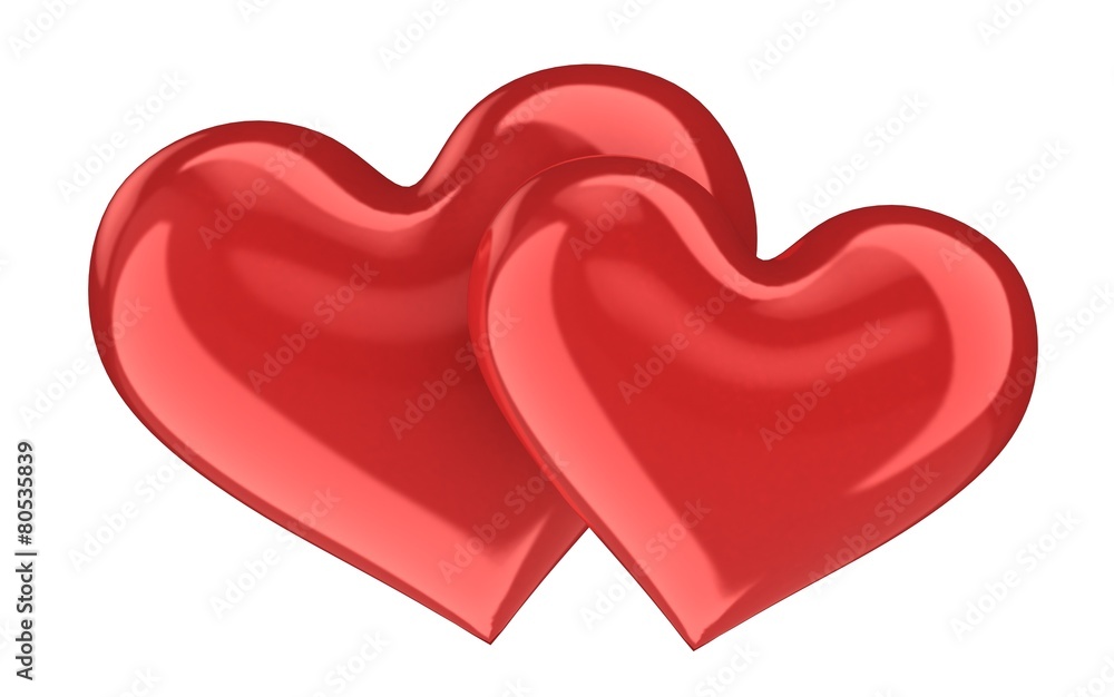 Heart Shape. 3D. Two Red Glass Hearts