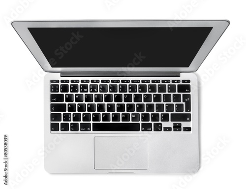 Laptop. Top view of modern retina laptop with English keyboard photo
