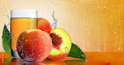 Fotografija Ripe peaches and a glass of juice.