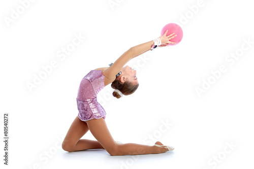 фотографія Kid girl ball rhythmic gymnastics exercise on white