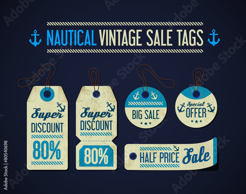 Nautical vintage sale tags collection, set with anchor, rope.