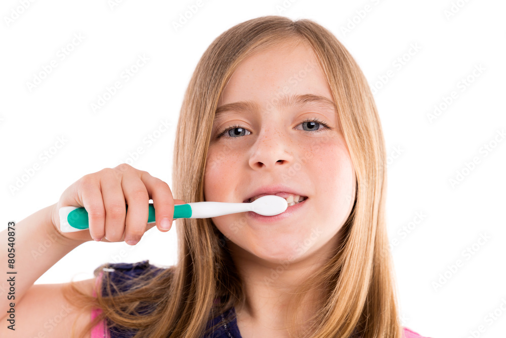 Blond kid indented girl cleaning teeth toothbrush Blond kid indented girl cleaning teeth toothbrush