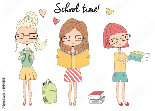 Three young school girls with glasses, school bag, books