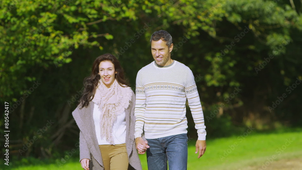 Happy couple walking in the countryside on an autumn day Happy couple walking in the countryside on an autumn day