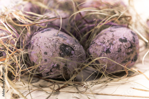 Easter eggs in a nest from a dry grass