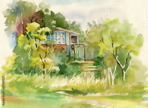 Watercolor painting of cabin in woods