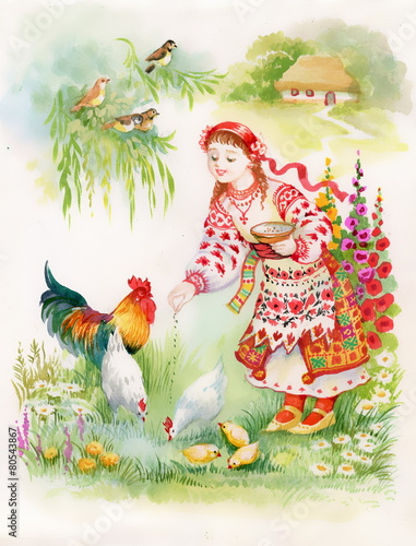 Ukrainian girl feeding chickens