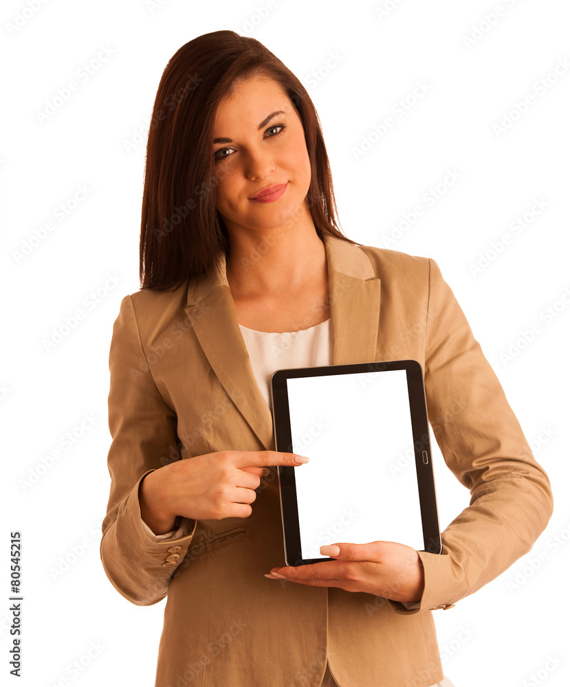 Business woman holding a tablet computer - isolated over a white Business woman holding a tablet computer - isolated over a white