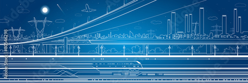 Car overpass, industrial panorama, infrastructure, train move