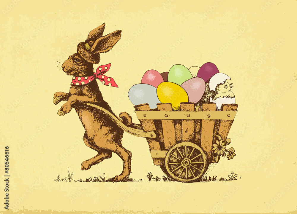 Obraz premium Vector illustration: Easter rabbit pulling a card with eggs