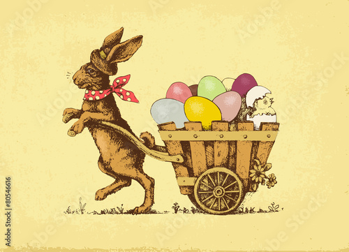 Vector illustration: Easter rabbit pulling a card with eggs