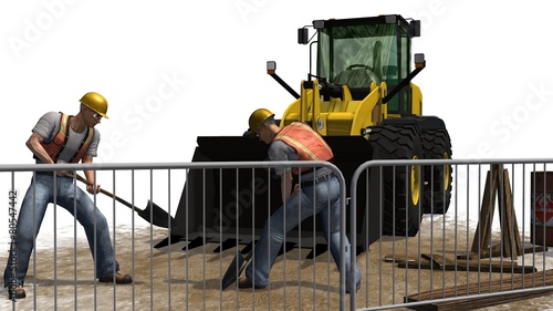 Bulldozer and construction worker isolated on white background