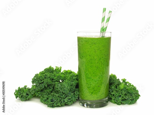 Healthy green smoothie with kale isolated on white