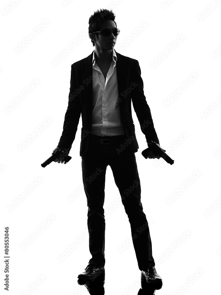 asian gunman killer standing silhouette asian gunman killer standing silhouette