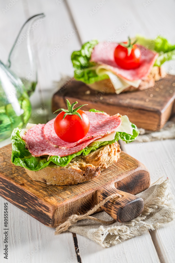 Delicious salami with lettuce and tomato