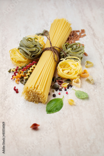 Assortment of italian pasta, with spices