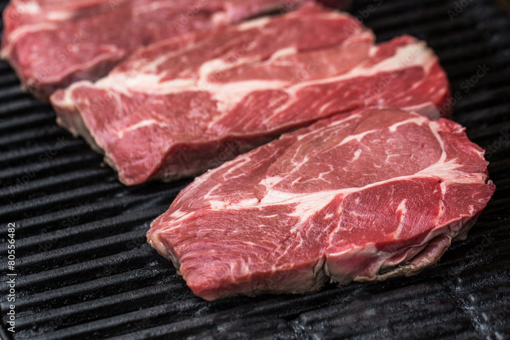 Fresh beef steaks on grill or BBQ