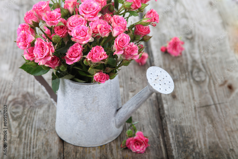 Bouquet of roses in a watering can