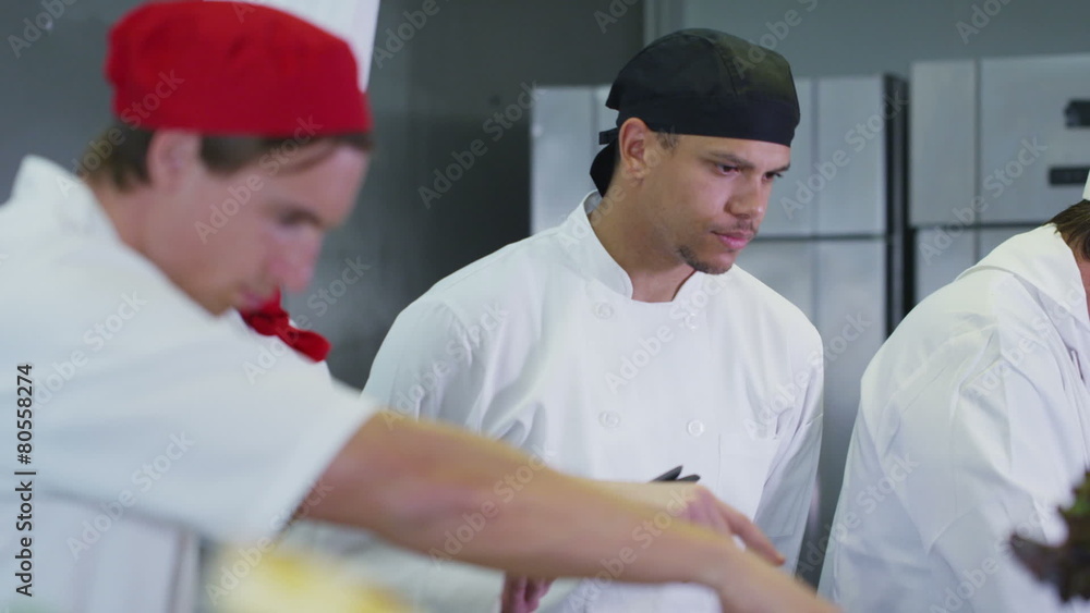 Team of professional chefs working together in a commercial kitchen Team of professional chefs working together in a commercial kitchen