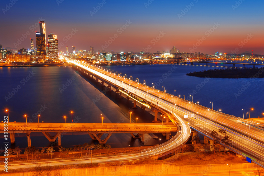 Mapo bridge and Seoul cityscape in Korea.