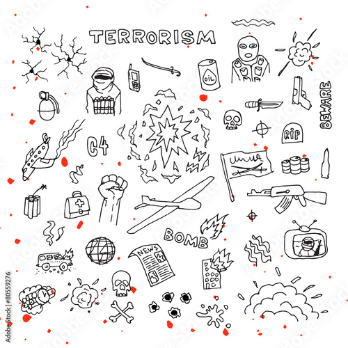 Hand Drawn terrorism doodles with blood splatters
