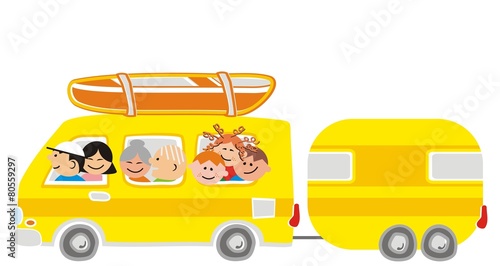 car and big family, boat on the roof, funny vector illustration