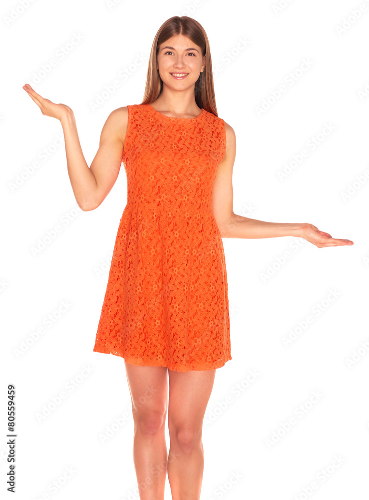 Girl in orange dress on white background Girl in orange dress on white background