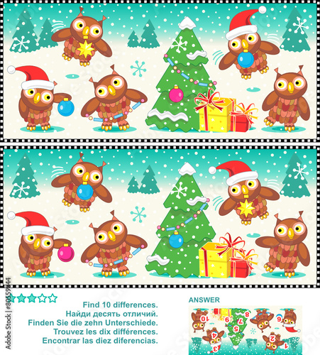 Christmas owls find the differences picture puzzle