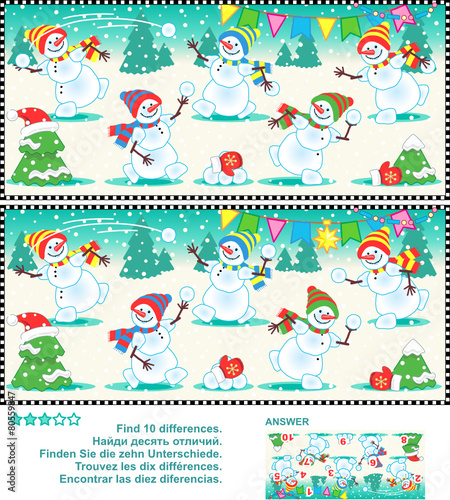 Find the differences picture puzzle - playful snowmen
