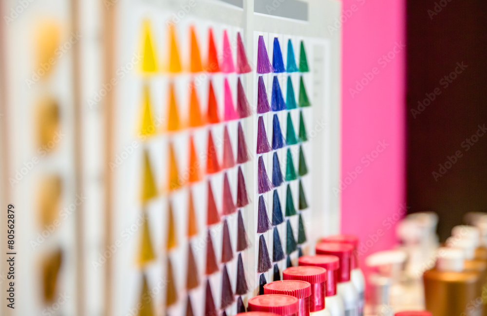 Hair dyed color shades palette in hairdressing salon Hair dyed color shades palette in hairdressing salon