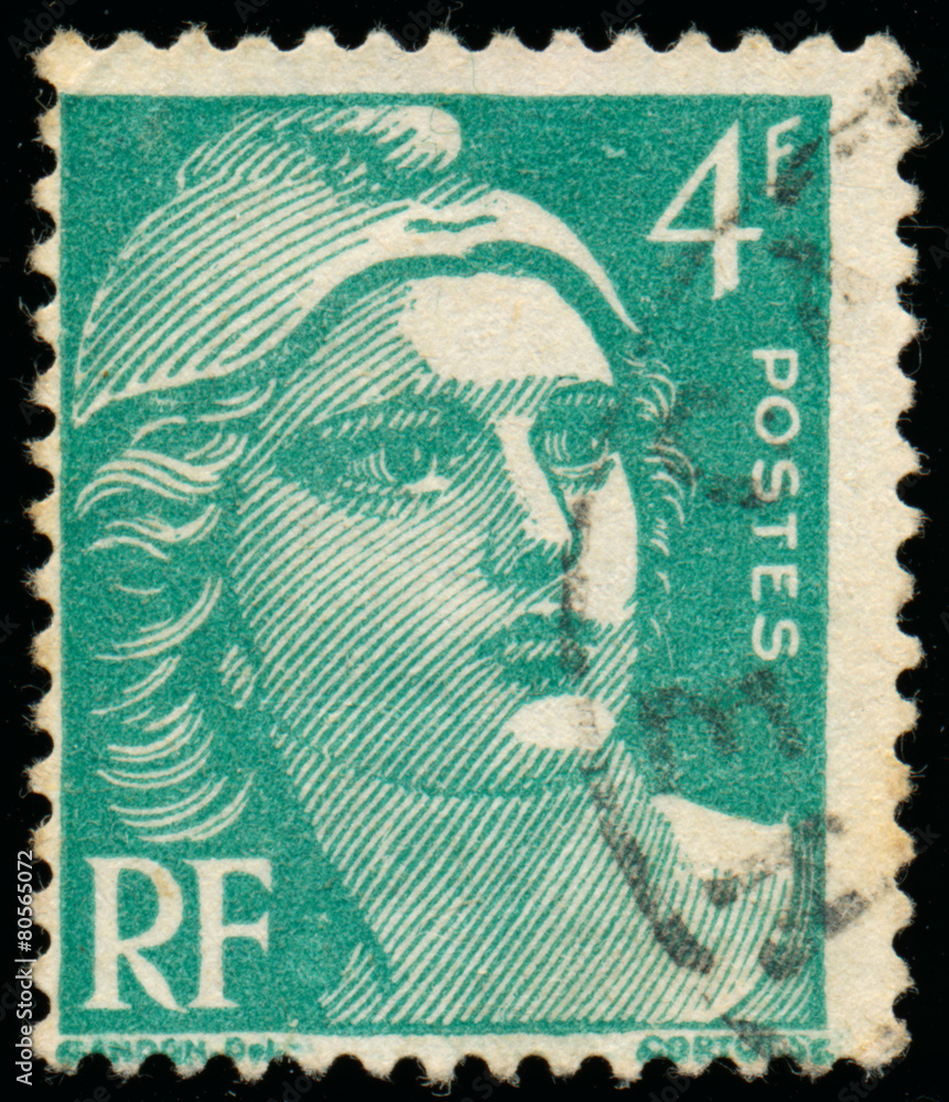 Obraz premium Stamp printed in France shows Marianne