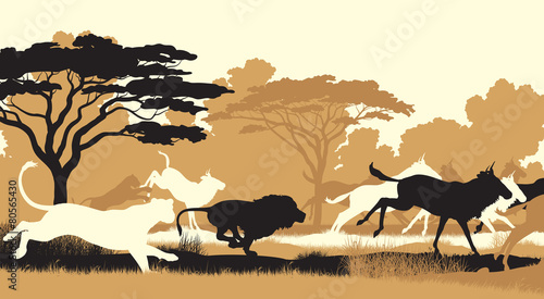 Lions hunting wildebeest