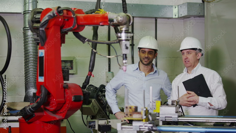 Mature male factory manager explains to younger man how the machinery works Mature male factory manager explains to younger man how the machinery works