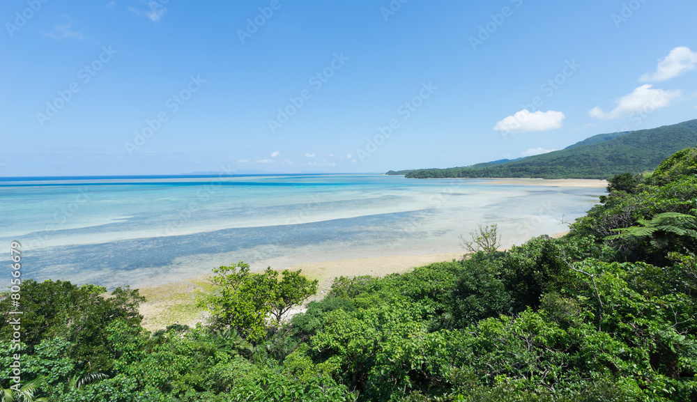 Tropical Beach paradise getaway lagoon with beautiful clear blue turquoise water and white sand, Okinawa