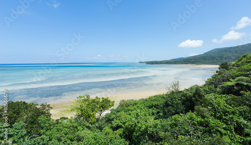 Tropical Beach paradise getaway lagoon with beautiful clear blue turquoise water and white sand, Okinawa