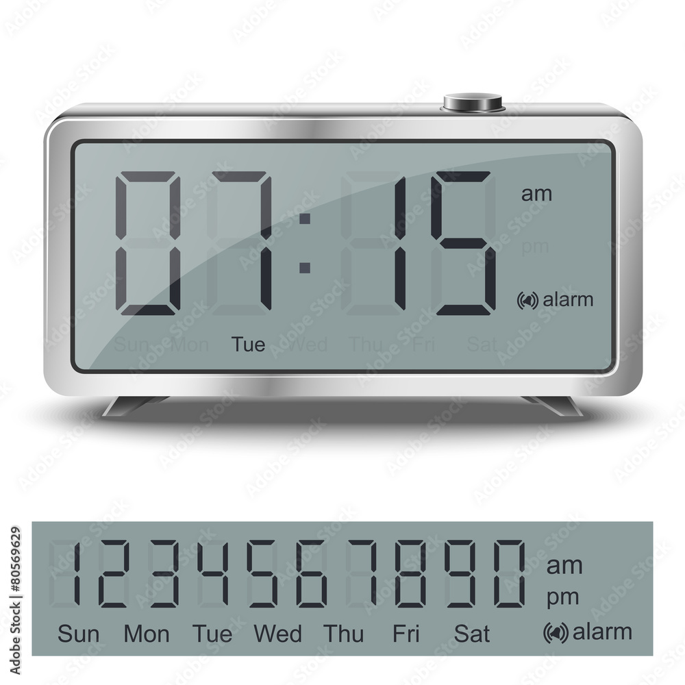 Old style liquid-crystal alarm clock with black numbers Old style liquid-crystal alarm clock with black numbers