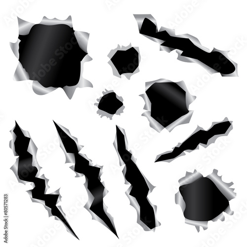 Set scratches, marks of bullets isolated on white background