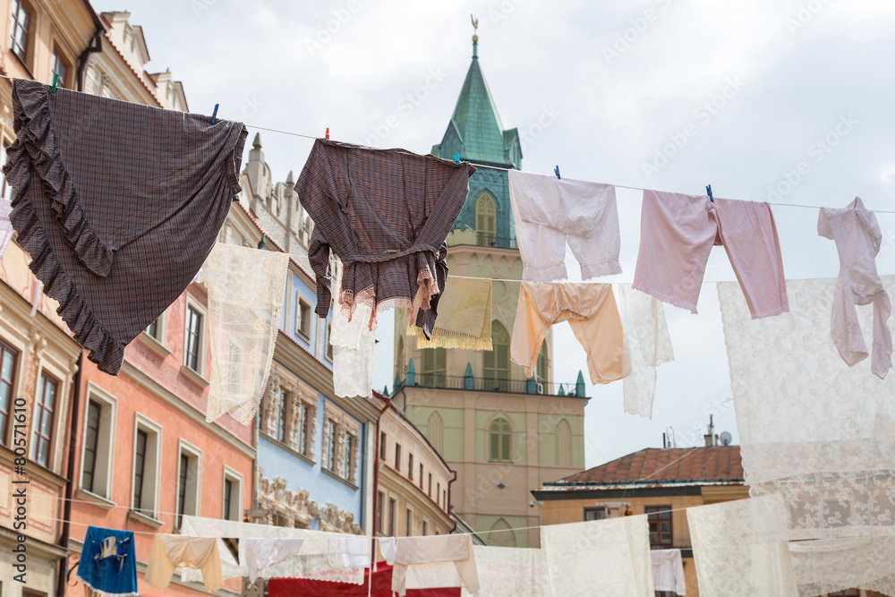 Fototapeta premium Drying clothes as the decoration of old town in Lublin, Poland