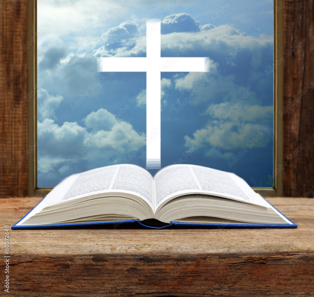 Bible christian cross stormy sky view window open wood Bible christian cross stormy sky view window open wood