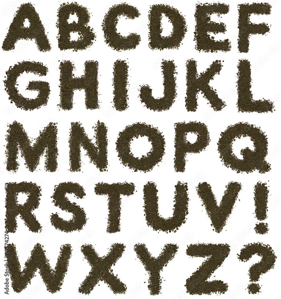 Full alphabet made of soil on white background Full alphabet made of soil on white background