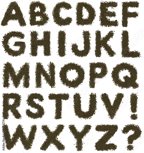 Full alphabet made of soil on white background