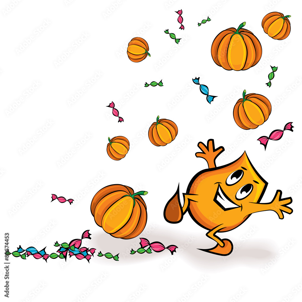 Cartoon character Blinky - playing with pumpkins, trick and treats vector illustration