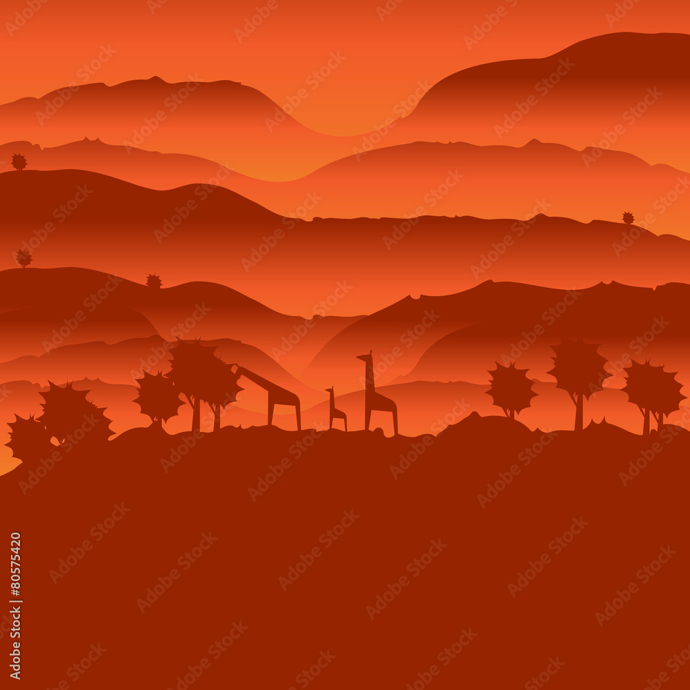 African landscape with animal silhouette African landscape with animal silhouette
