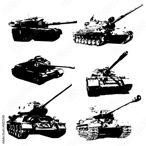 Fényképezés Silhouettes of black battle tanks. Icons tanks