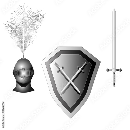 iron helmet, shield and sword in black and white colors