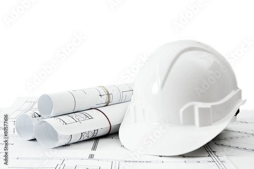 Repair work. Drawings for building and helmet on white a