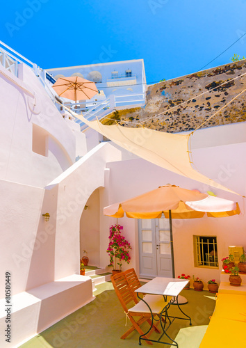 colored house in Fira the capital of Santorini island in Greece