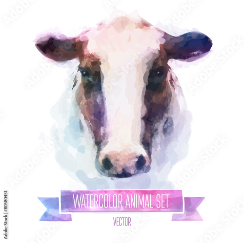 Vector set of watercolor illustrations. Cute cow
