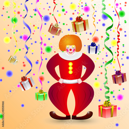 funny clown for party with gifts and confetti