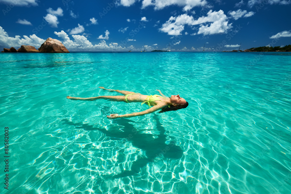 Woman in yellow bikini lying on water Woman in yellow bikini lying on water